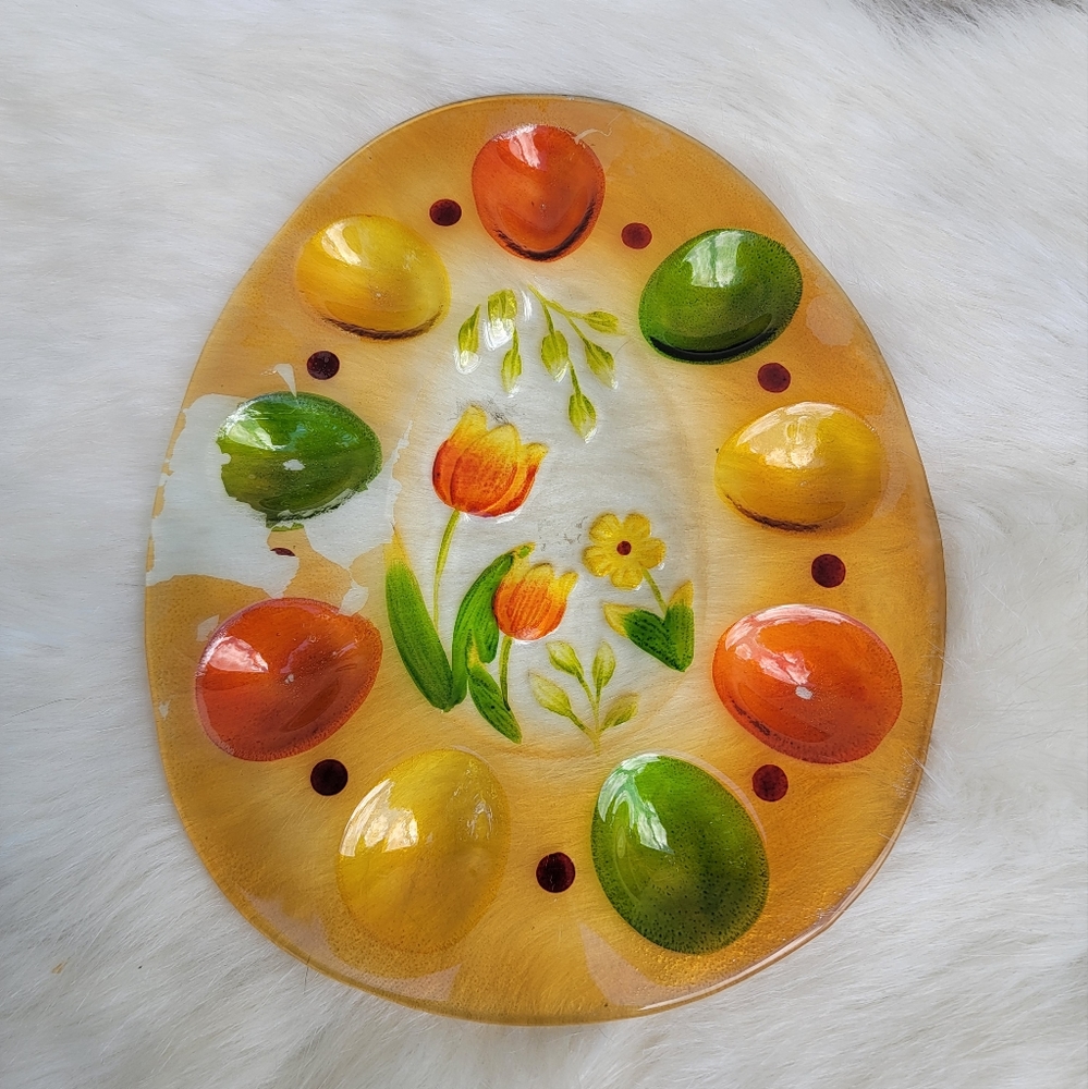 Decorative Easter Egg Platter - Yellow Green Orange Floral Design